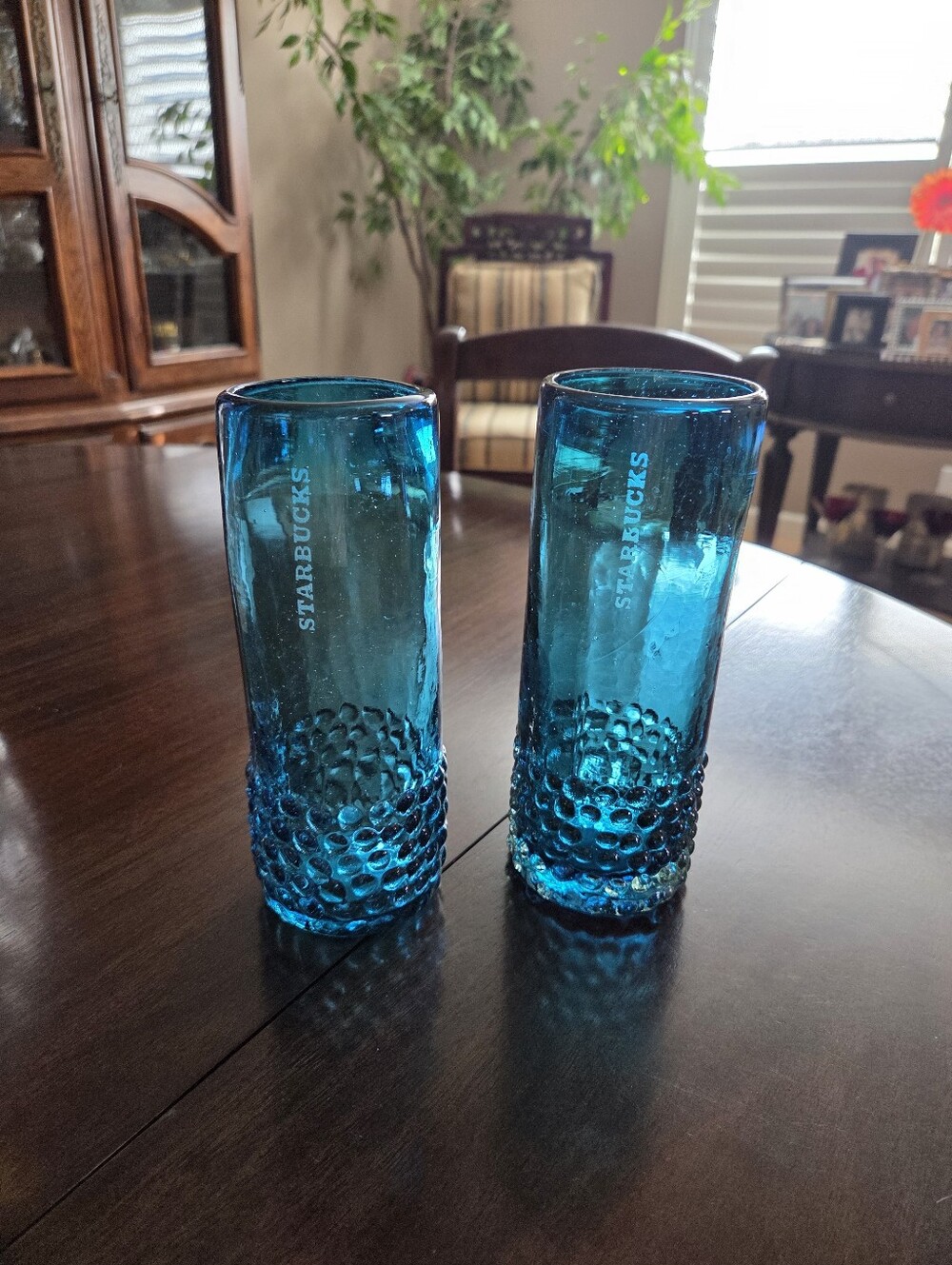 VTG Starbucks Handblown Ocean Blue Hobnail Tumbler Highball Drink Glasses NEW